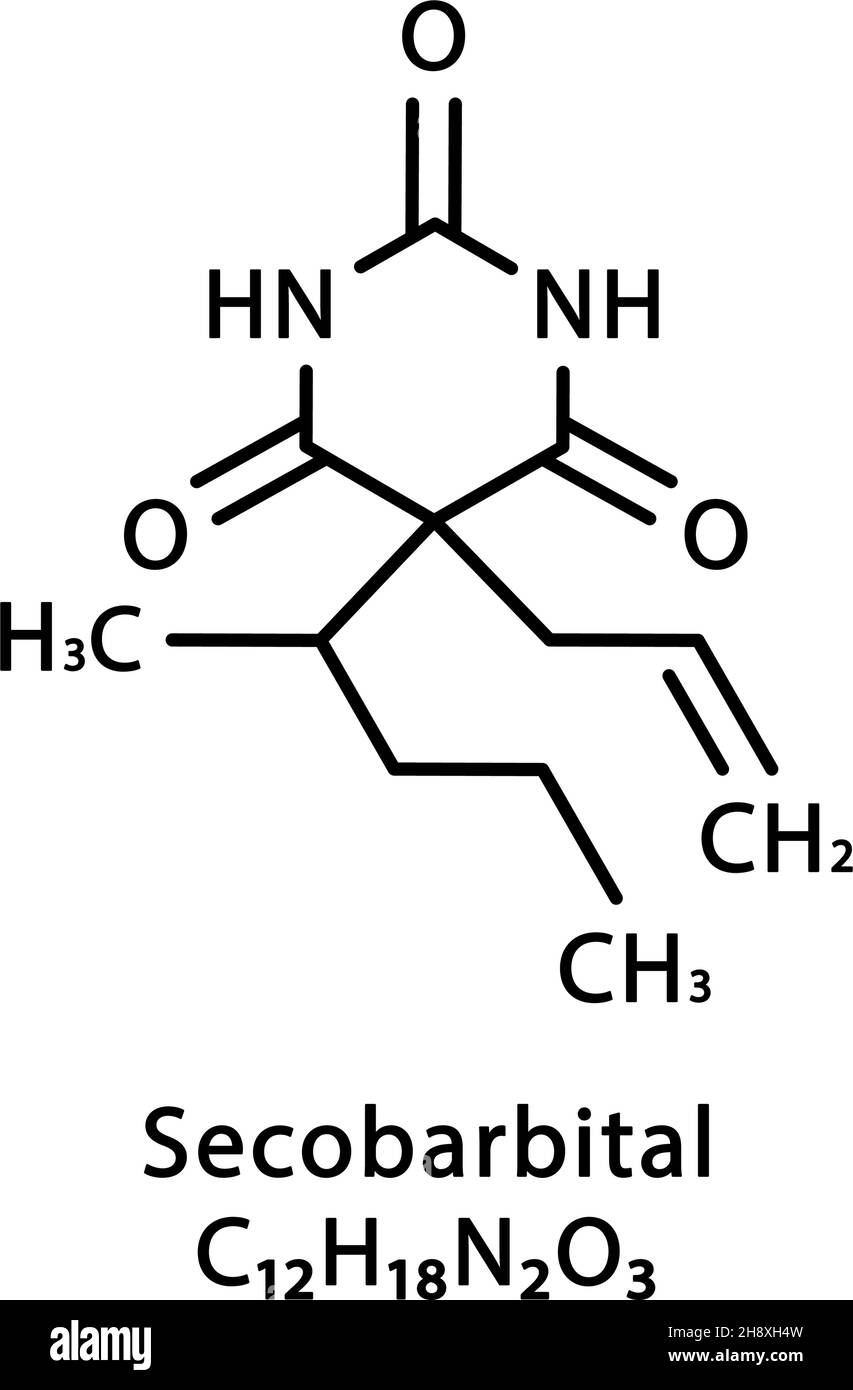 Struttura molecolare secobarbitale. Formula chimica scheletrica secobarbitale. Illustrazione del vettore della formula molecolare chimica Illustrazione Vettoriale