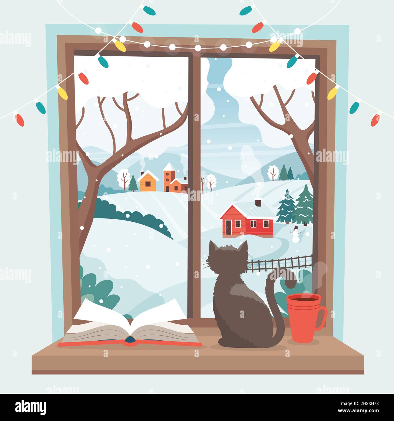 Finestra invernale - un gatto seduto sul davanzale con paesaggio invernale. Carino e accogliente illustrazione vettoriale in stile piatto Illustrazione Vettoriale
