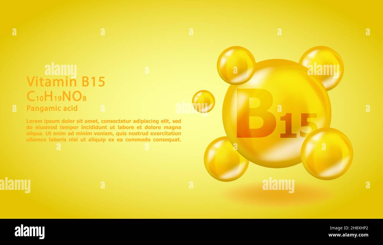 3D Vitamin Molecule B15 Pangamic Acid design. Realistico B15 Pangamic acido Vitamina goccia. Illustrazione di un complesso nutrizionale giallo. Illustrazione Vettoriale