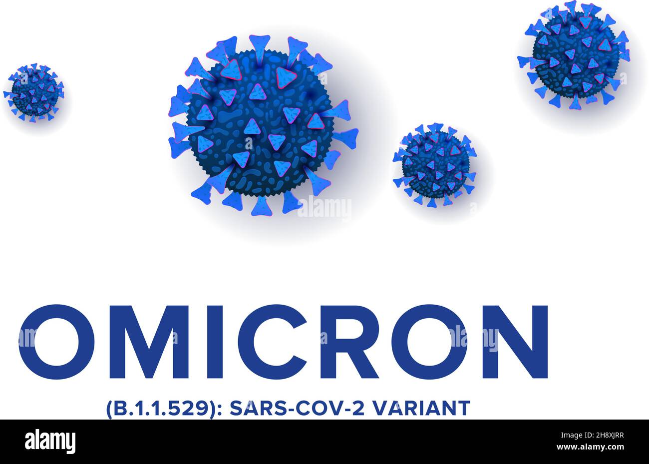 Nuovo Coronavirus o SARS-COV-2 variante Omicron B.1.1.529 concetto realistico con malattie cellulari o batteri covid-19 su sfondo bianco con posto per Illustrazione Vettoriale