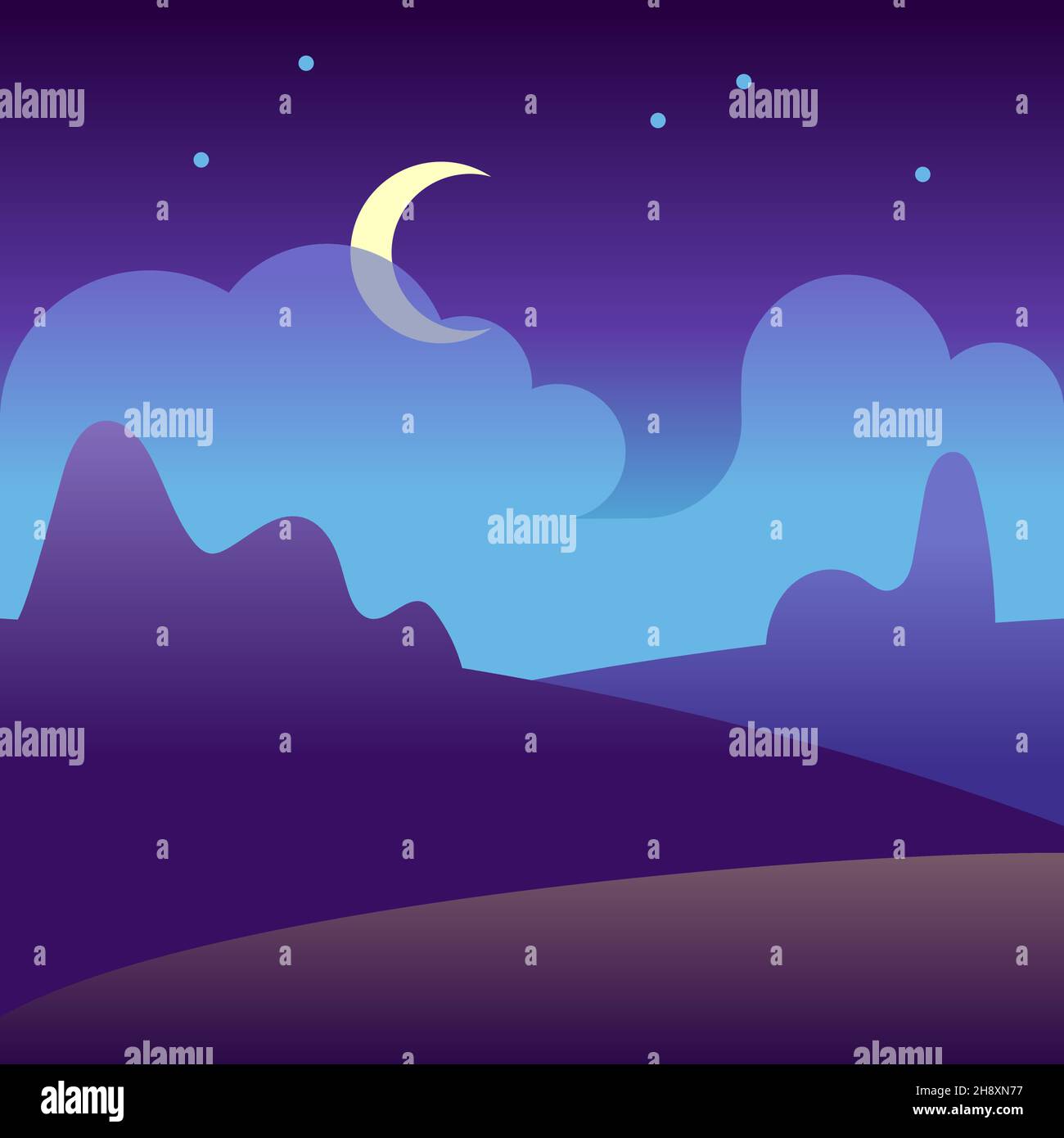 Luna notte in campagna. Cielo nuvoloso scuro. Paesaggio collinare al chiaro di luna Illustrazione Vettoriale