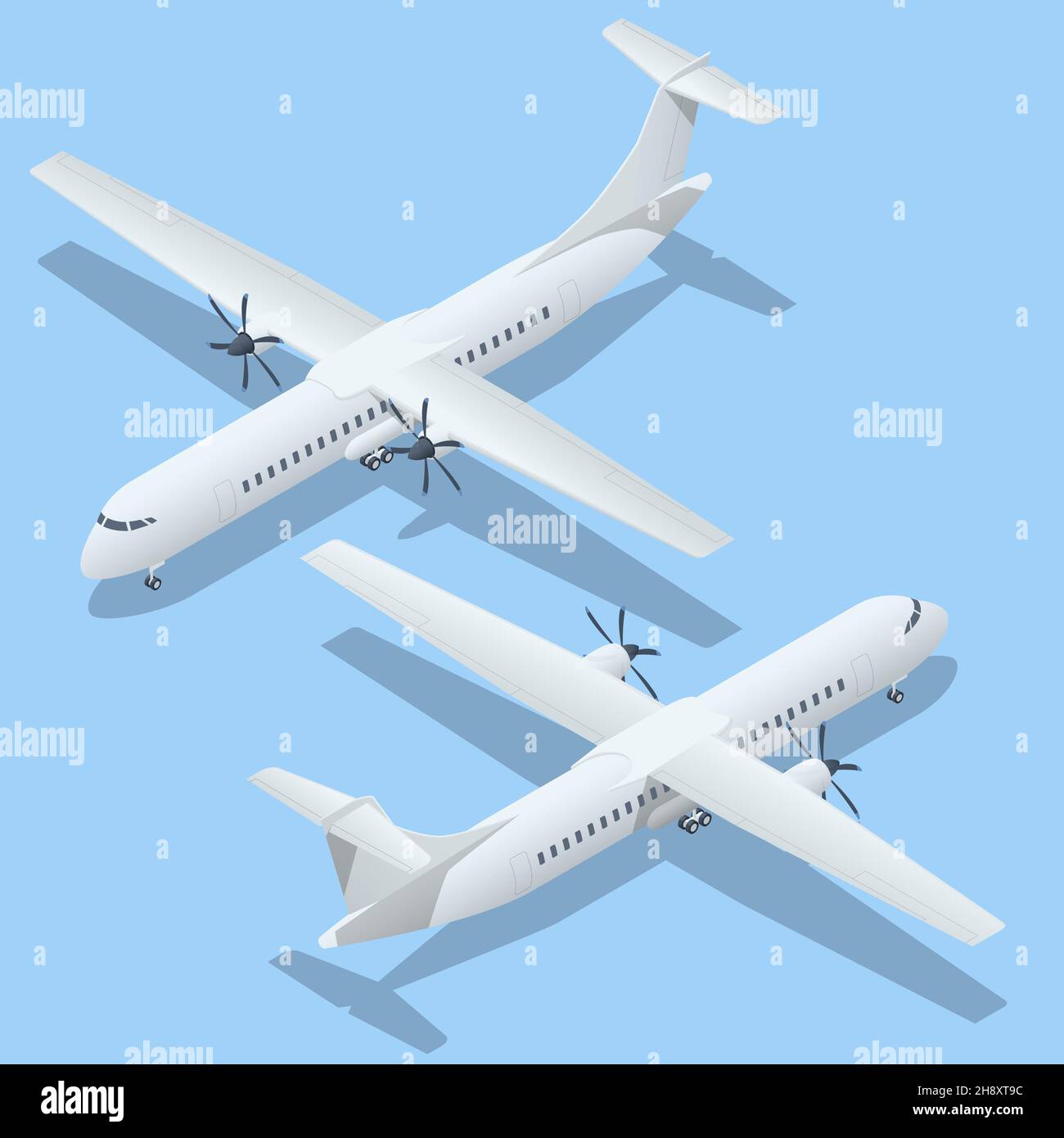Aeroplani isometrici su sfondo blu. Turboelica di linea regionale. Progetto industriale di aeroplano. Airliner ATR 42 in alto Illustrazione Vettoriale