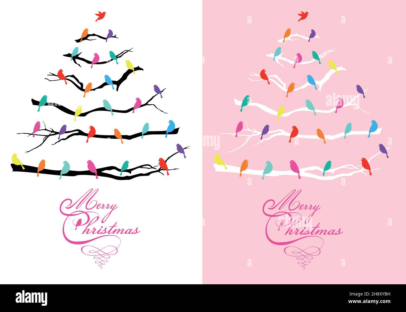 Biglietto di Natale con albero e uccelli colorati, illustrazione vettoriale Illustrazione Vettoriale