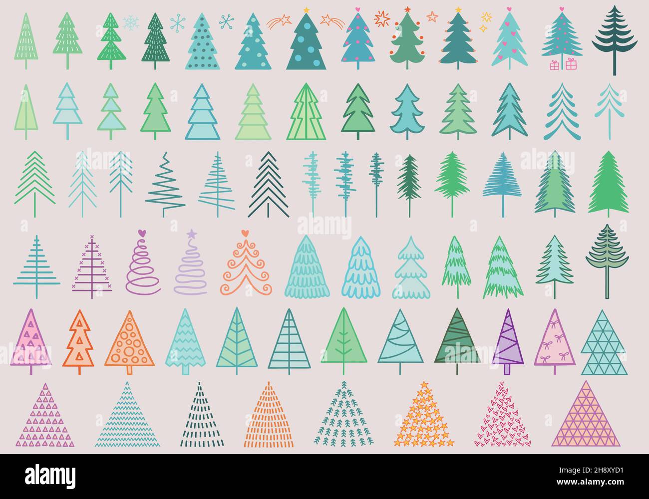Colorati alberi di Natale disegnati a mano per semplici e moderni biglietti d'auguri, decorazione di vacanza, set di elementi vettoriali di design Illustrazione Vettoriale