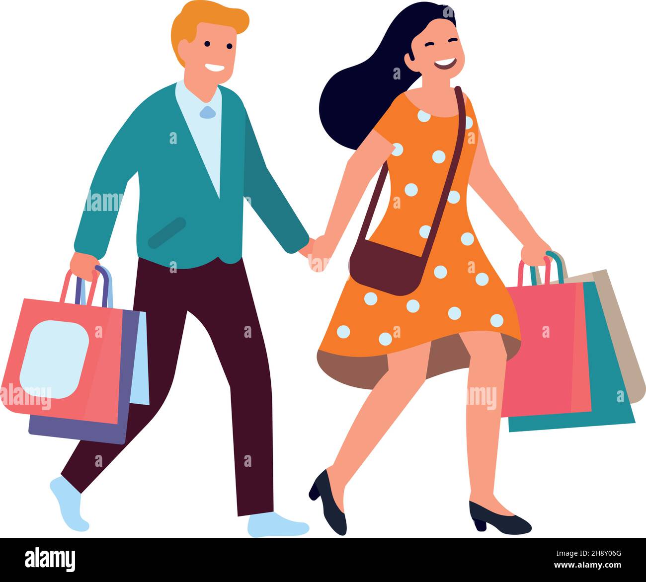 Felice coppia dopo lo shopping. Uomo e donna che camminano con acquisti in sacchetti di carta. Illustrazione vettoriale Illustrazione Vettoriale
