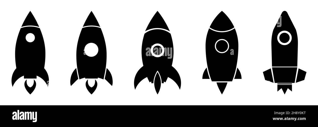 Set di icone Rocket. Vettore icona di avvio. Illustrazione vettoriale isolata su sfondo bianco Illustrazione Vettoriale