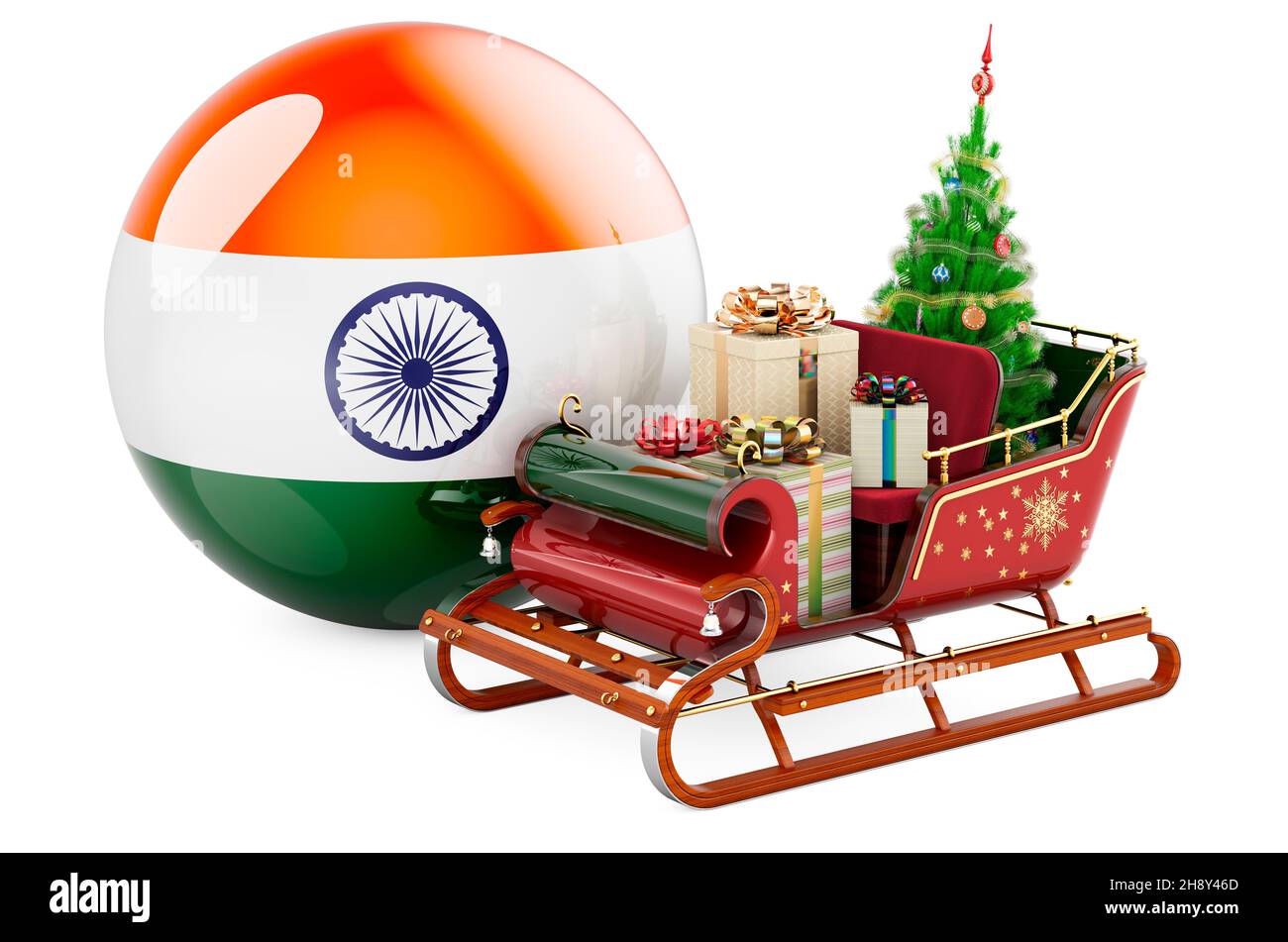 Natale in India, concetto. Slitta Santa di Natale piena di regali con bandiera indiana. Rendering 3D isolato su sfondo bianco Foto Stock