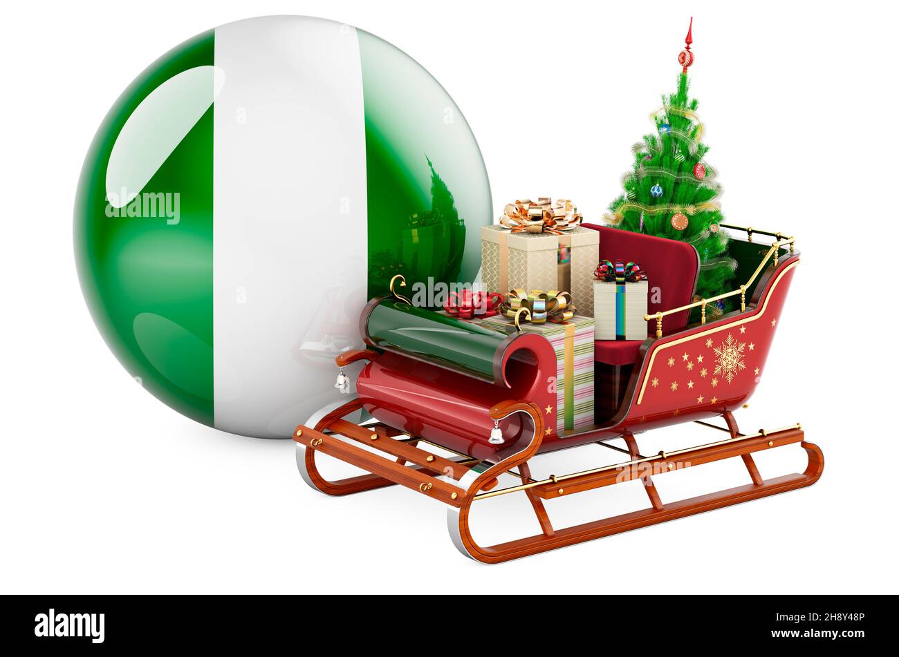 Natale in Nigeria, concetto. Santa slitta di Natale piena di regali con bandiera nigeriana. Rendering 3D isolato su sfondo bianco Foto Stock