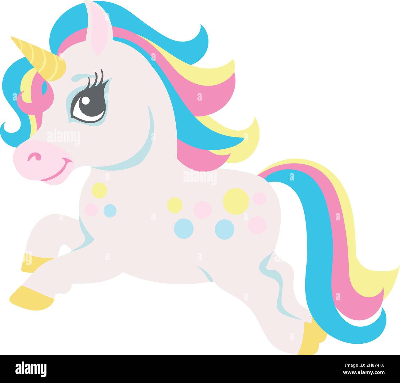 Unicorno magico corsa. Creatura fantasy felice in stile carino cartone animato Illustrazione Vettoriale