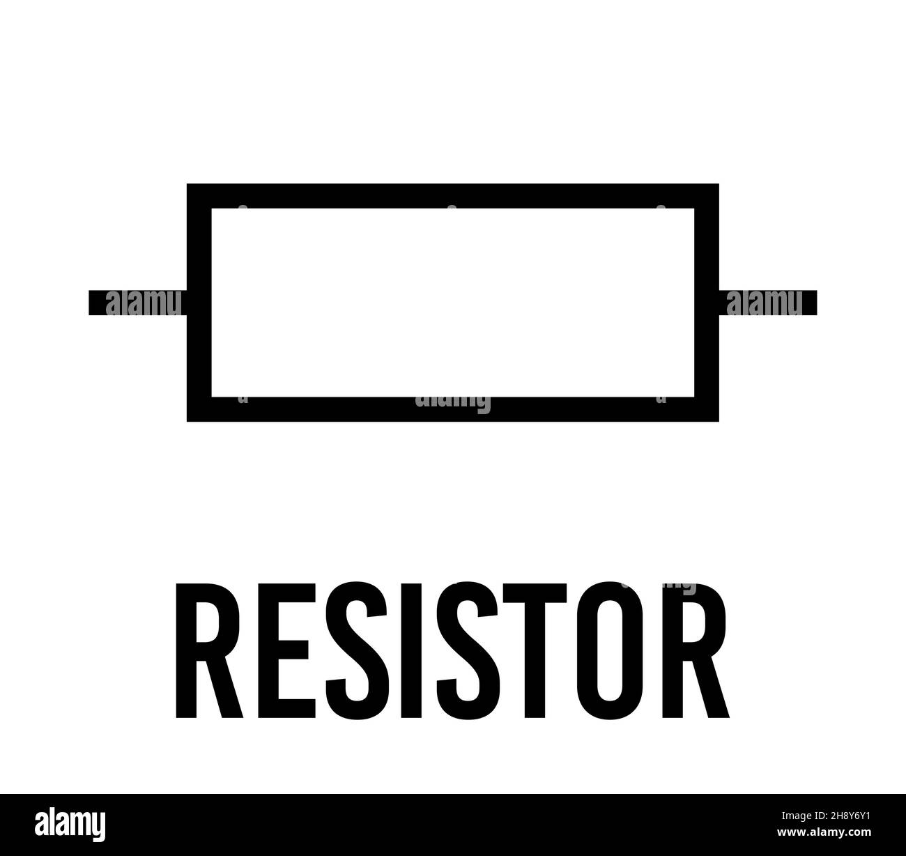Componente elettronico resistore, concetto di design piatto icona vettoriale. Schema di fisica elettrica per l'istruzione. Nero su sfondo bianco. Illustrazione Vettoriale