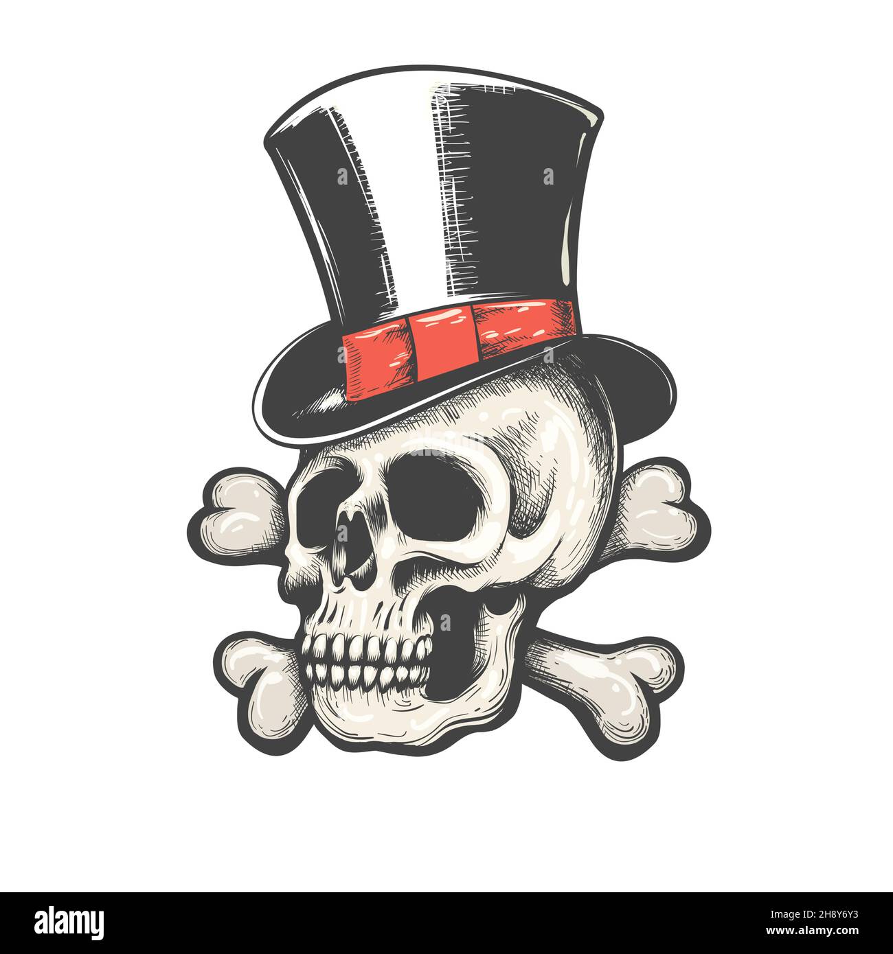Tatuaggio del cranio in Gentleman cilindro cappello isolato su bianco. Illustrazione vettoriale. Illustrazione Vettoriale