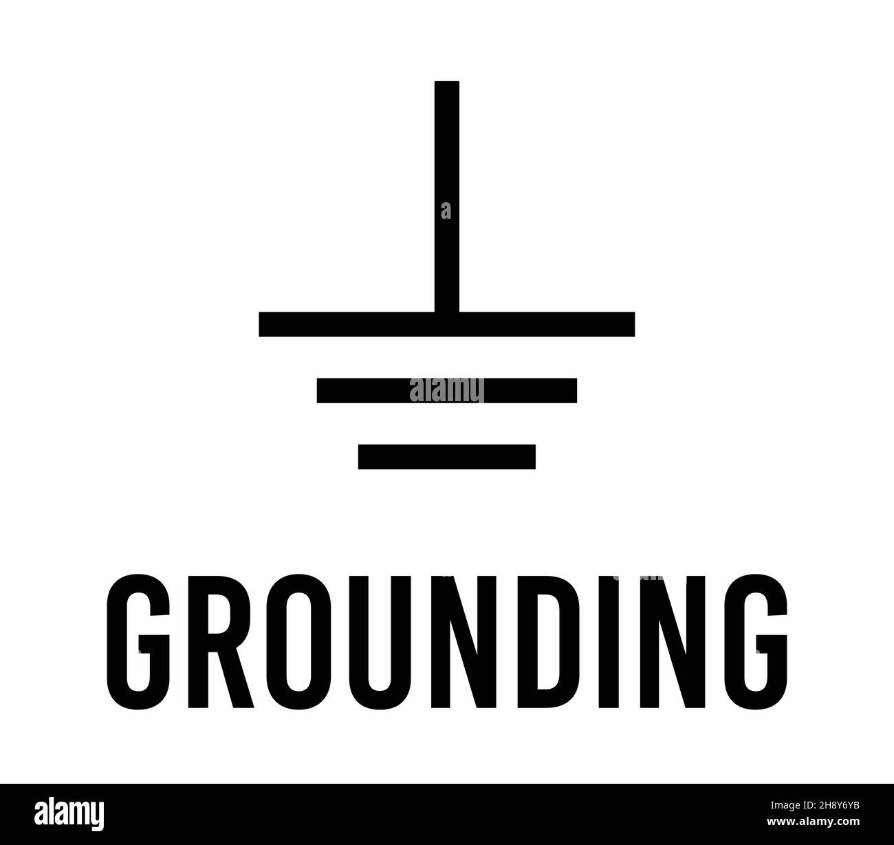 Componente elettronico di messa a terra, concetto di design piatto a icone vettoriali. Schema di fisica elettrica per l'istruzione. Nero su sfondo bianco. Illustrazione Vettoriale