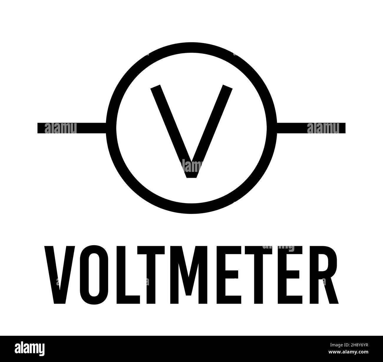 Componente elettronico voltmetro, concetto di design piatto icona vettoriale. Schema di fisica elettrica per l'istruzione. Nero su sfondo bianco. Illustrazione Vettoriale