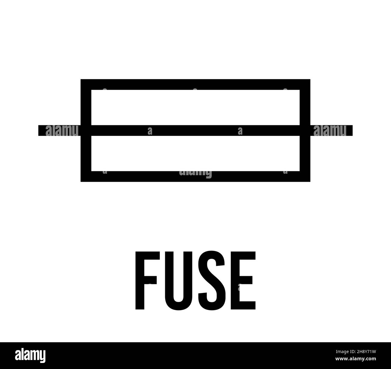 Componente elettronico fusibile, concetto di design piatto icona vettoriale. Schema di fisica elettrica per l'istruzione. Nero su sfondo bianco. Illustrazione Vettoriale