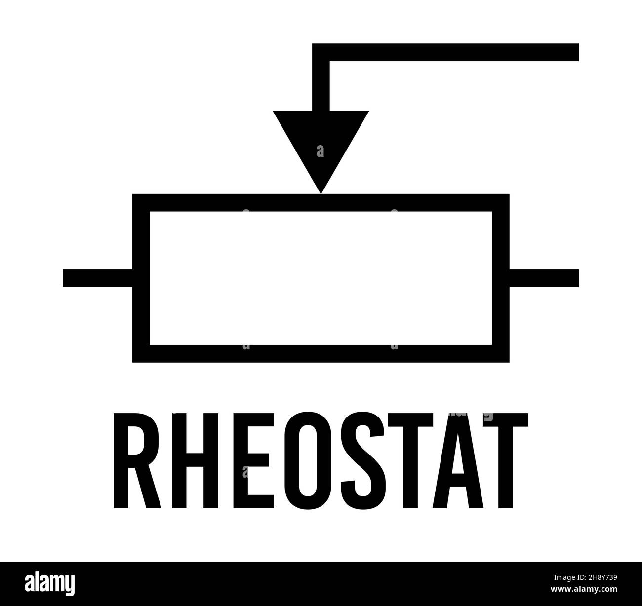 Componente elettronico reostato, concetto di design piatto a icone vettoriali. Schema di fisica elettrica per l'istruzione. Nero su sfondo bianco. Illustrazione Vettoriale