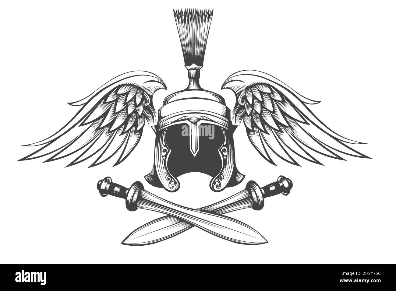 Tatuaggio dell'Impero Romano casco Legionario con spade e ali isolate su bianco. Illustrazione vettoriale. Illustrazione Vettoriale