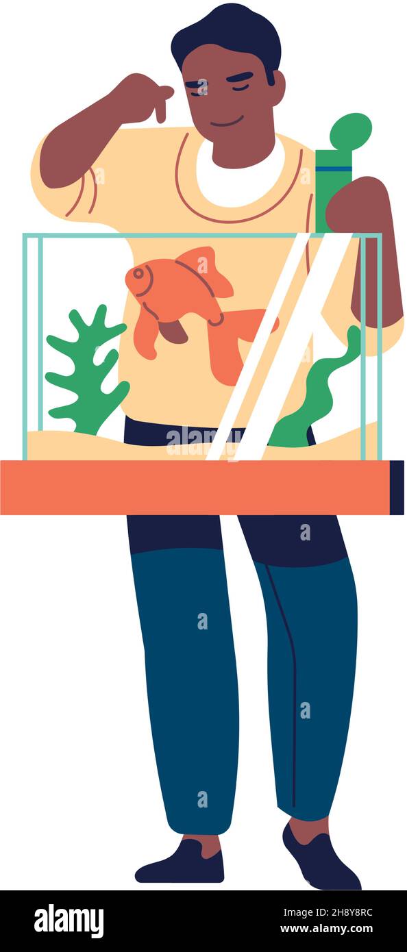 Uomo che alimenta il pesce in acquario. Tipo versando cibo in acqua per il pesce d'oro Illustrazione Vettoriale
