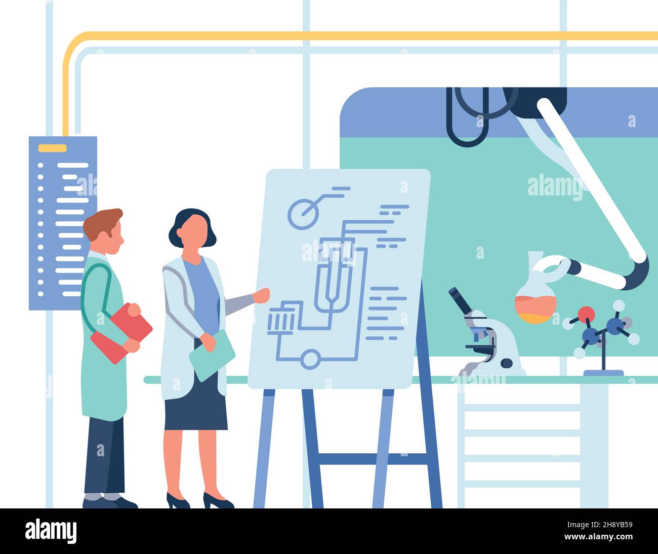 Scienziati che guardano al progetto. Persone che discutono esperimento di laboratorio chimico Illustrazione Vettoriale
