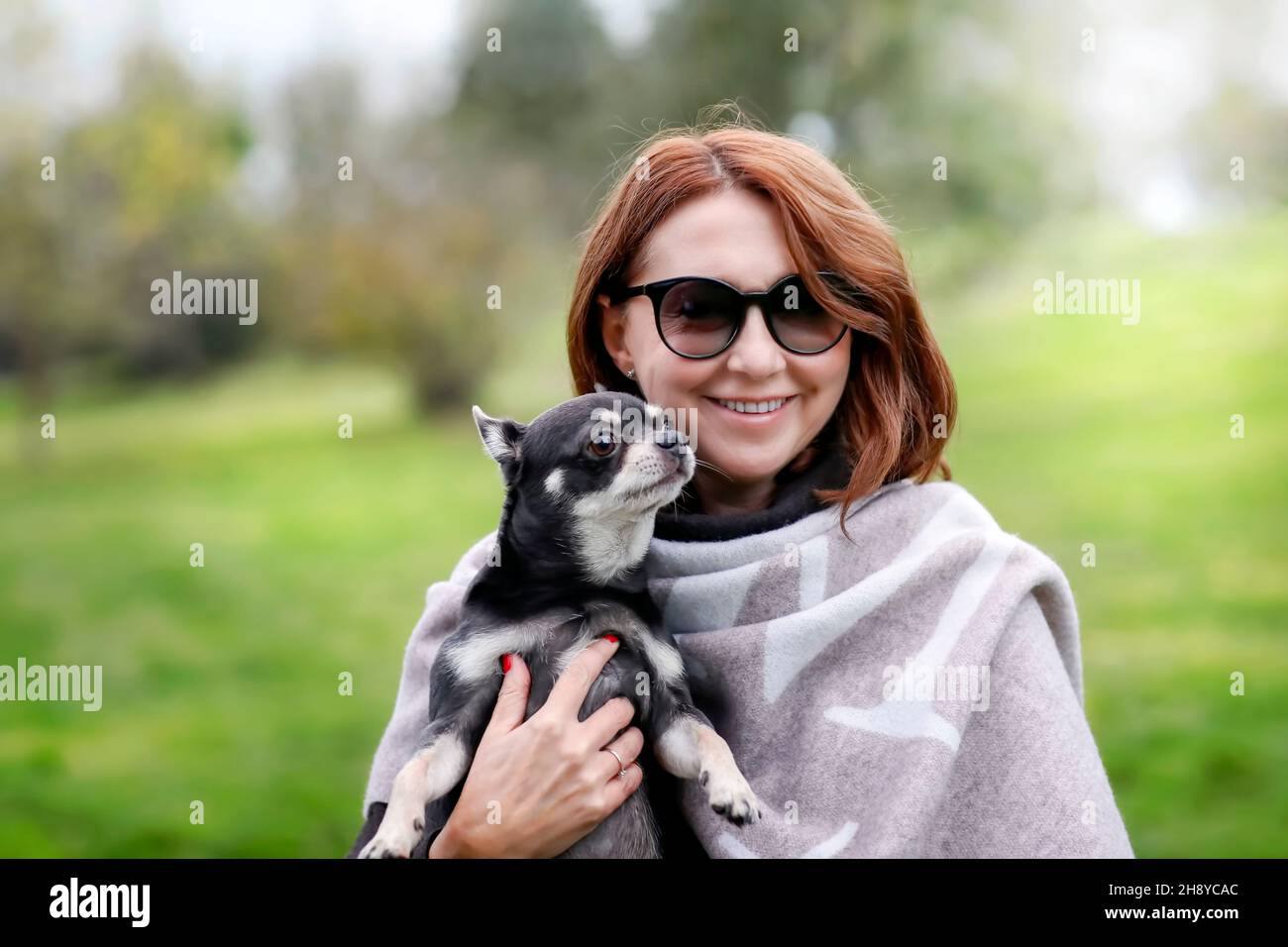 Donna tiene il suo cane Chihuahua nelle sue braccia nel parco pubblico. Cane di razza Chihuahua dai capelli corti di colore grigio scuro. Donna di mezza età che ama i piccoli cani. Foto Stock