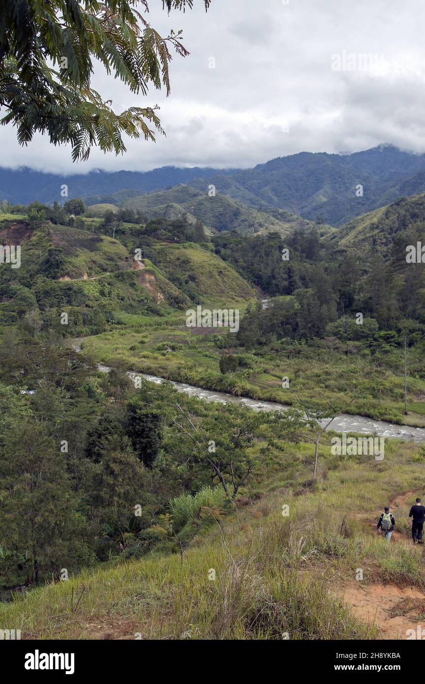 Papua Nuova Guinea; Highlands orientali; Goroka; Namta (Mefenga); paesaggio di montagna con un fiume nella valle. Berglandschaft mit einem Fluss im Tal. Foto Stock