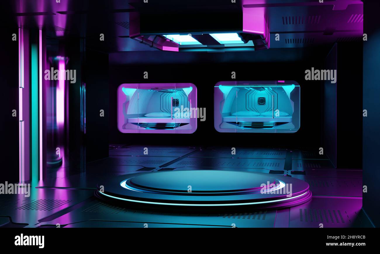 All'interno dell'architettura interna del laboratorio astronave e podio vuoto per la presentazione dei prodotti Cyberpunk. Tecnologia e concetto Sci-fi. Illustrazione 3D Foto Stock