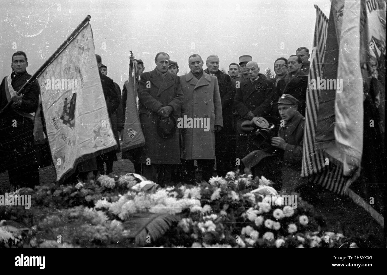 Gdañsk, 1946-11-25. Poœwiêcenie Cmentarza ¯o³nierzy Francuskich poleg³ych na ziemiach polskich podczas II wojny œwiatowej. NZ. Delegacje i poczty sztandarowe. mb PAP/Stanis³aw D¹browiecki Danzica, 25 novembre 1946. La consacrazione del Cimitero dei soldati francesi uccisi in Polonia durante la seconda guerra mondiale Nella foto: Delegazioni e feste a colori. mb PAP/Stanislaw Dabrowiecki Foto Stock