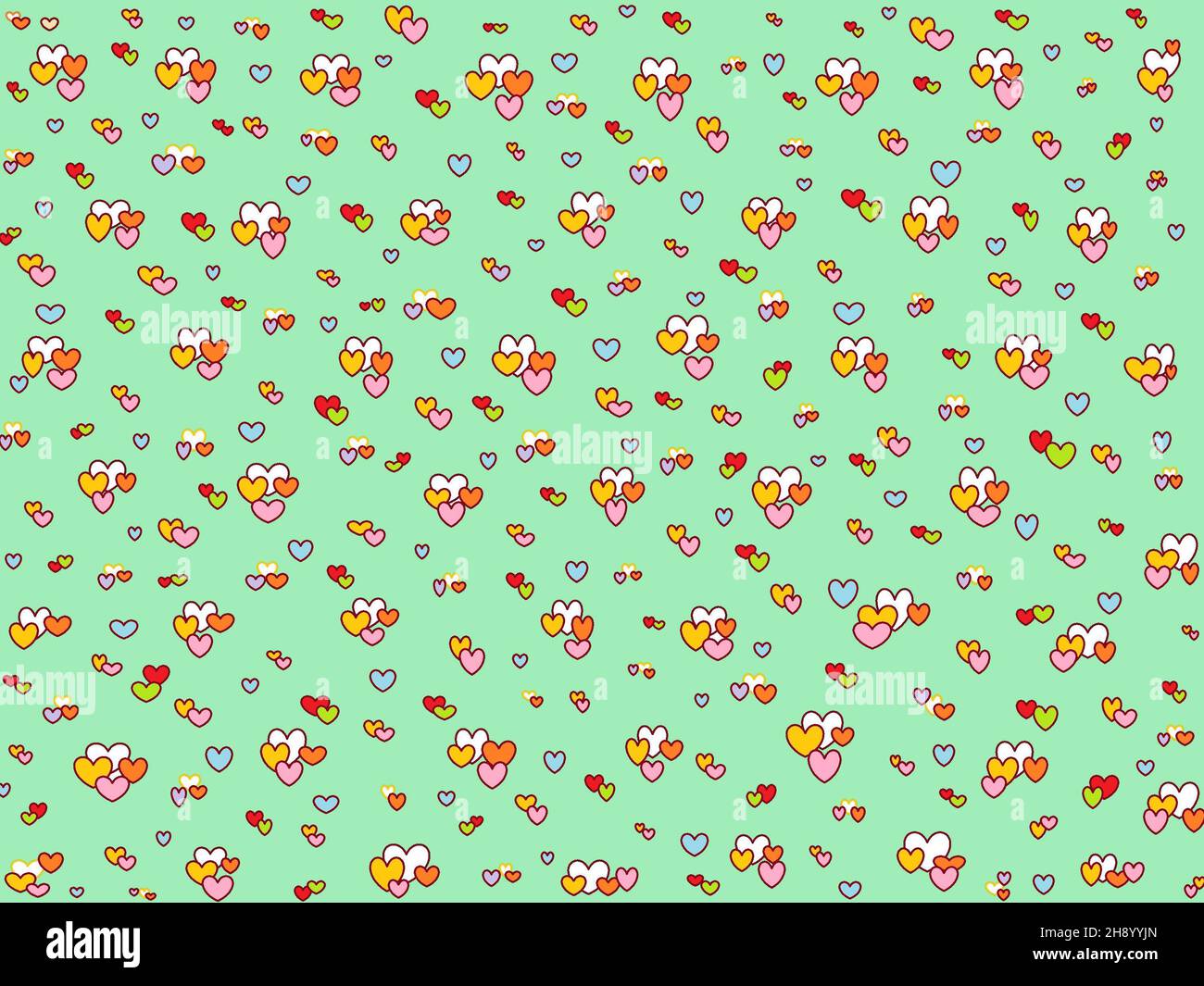 Cuori colorati di varie dimensioni su sfondo verde. Modello di San Valentino. Confezione o disegno di carta regalo. Foto Stock