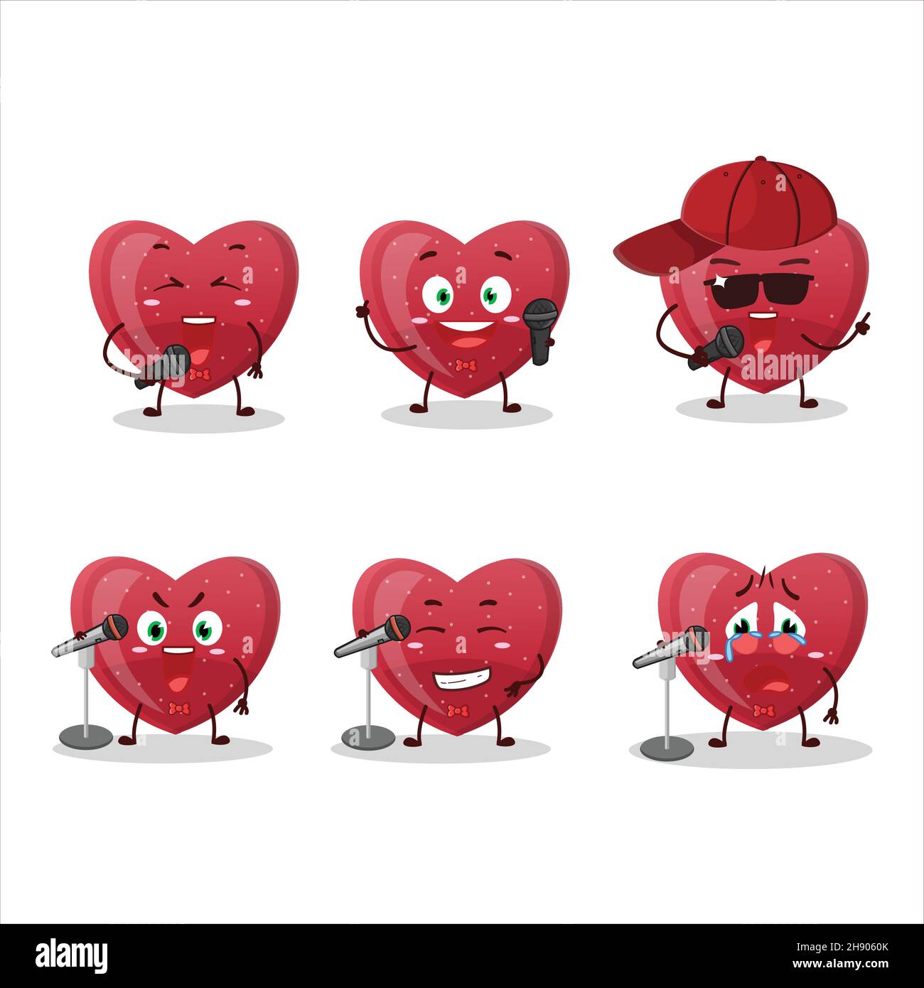 Un Cute Cartoon design concetto di rosso amore gummy caramella cantare una canzone famosa. Illustrazione vettoriale Illustrazione Vettoriale