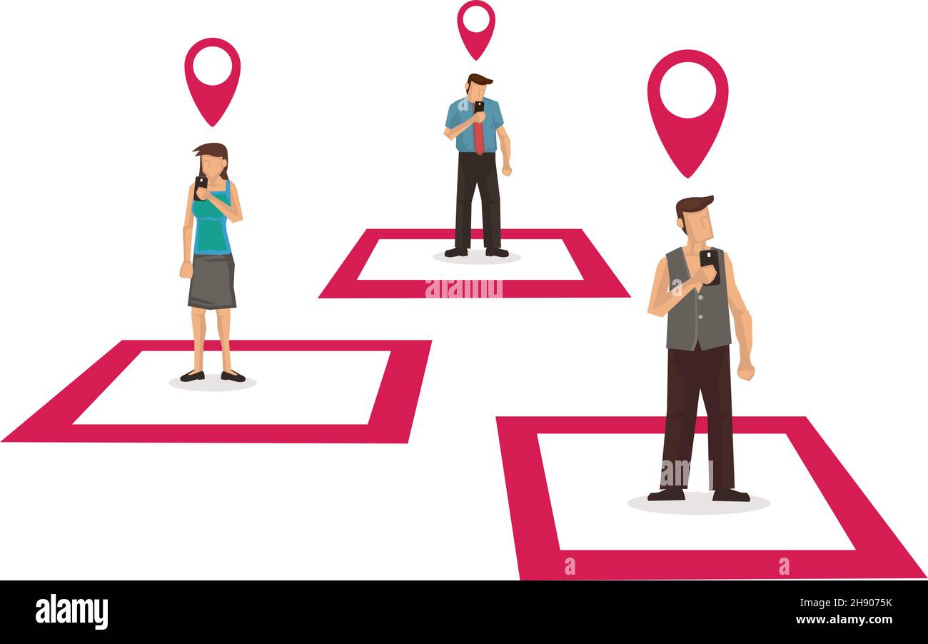 Persone con concetto di tecnologia dei perni di posizionamento. Illustrazione vettoriale. Illustrazione Vettoriale