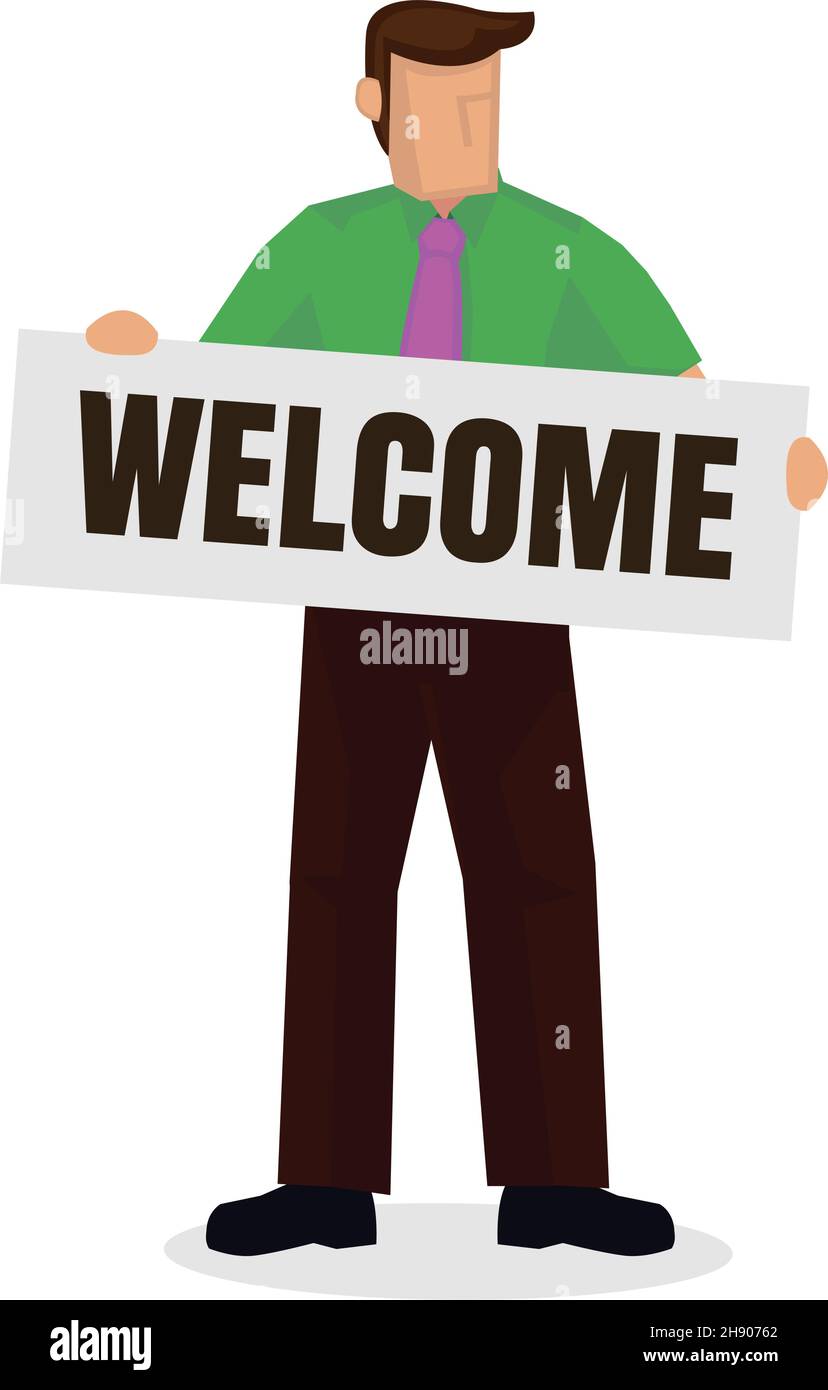 Uomo d'affari che tiene la parola benvenuto su uno sfondo bianco. Banner vettoriale con il testo Benvenuto. Illustrazione vettoriale. Illustrazione Vettoriale