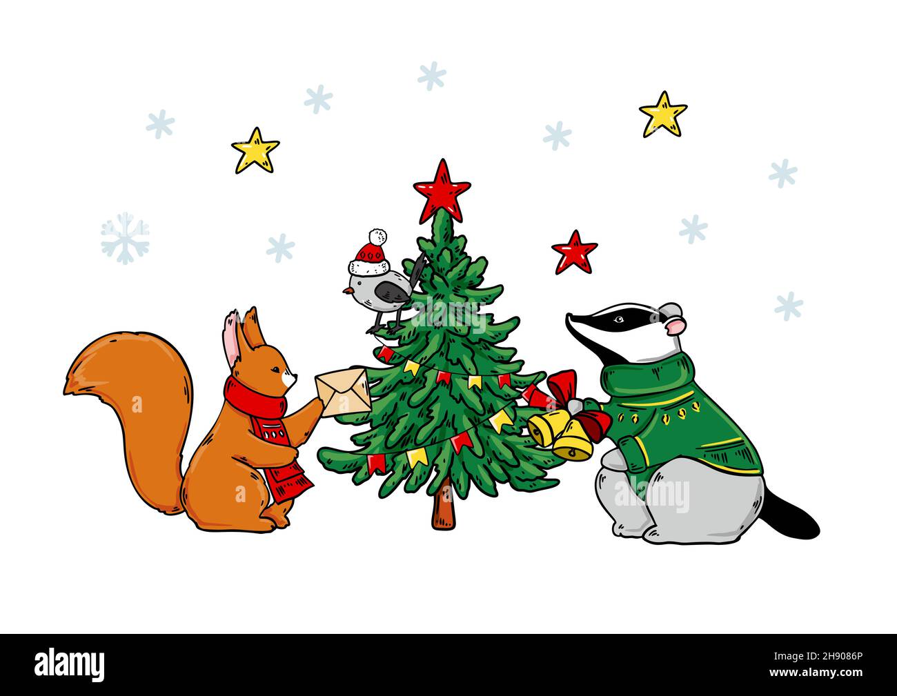 Horizontal buon Natale e felice anno nuovo biglietto di auguri con un carino scoiattolo, raccoon e albero di Natale. Illustrazione vettoriale disegnata a mano Illustrazione Vettoriale