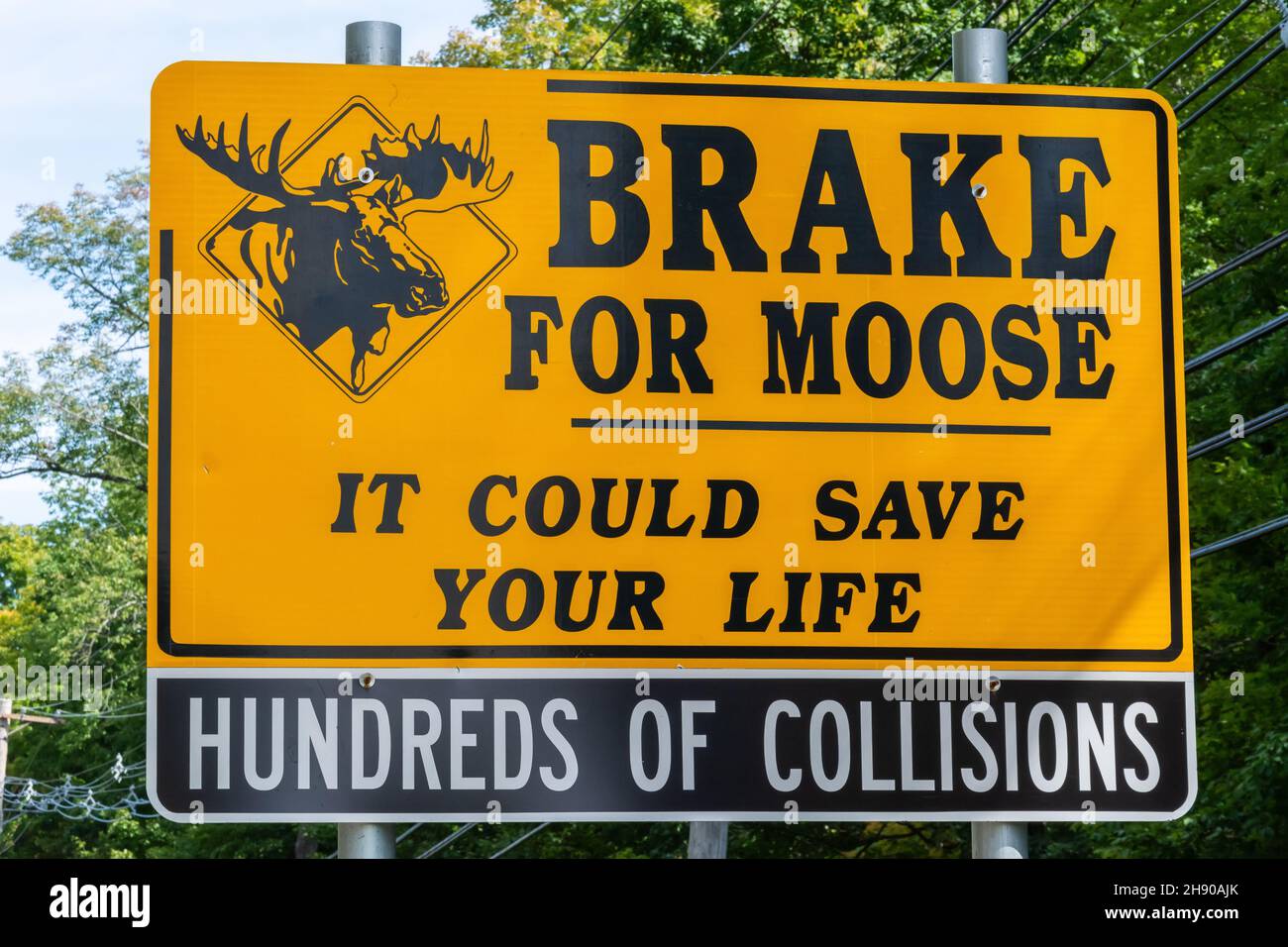 Lincoln, New Hampshire, Stati Uniti d'America – 17 settembre 2016. Cartello “Brake for Moose” lungo la Kancamagus Highway nella White Mountain Natio Foto Stock
