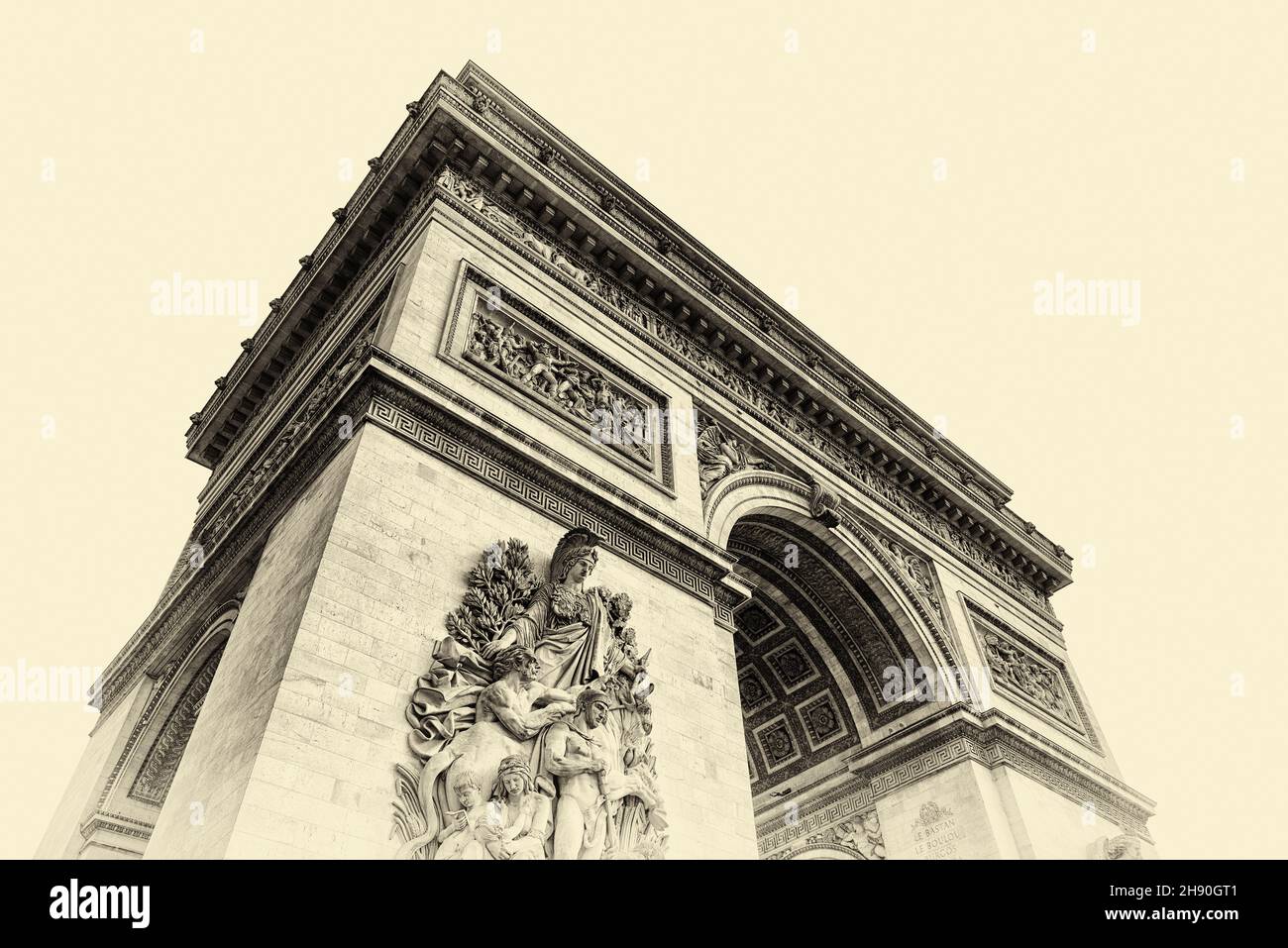 Famoso 'Arco di trionfo' (Arco della vittoria) monumento francese, Parigi, Francia. Vecchio film filtrato Foto Stock