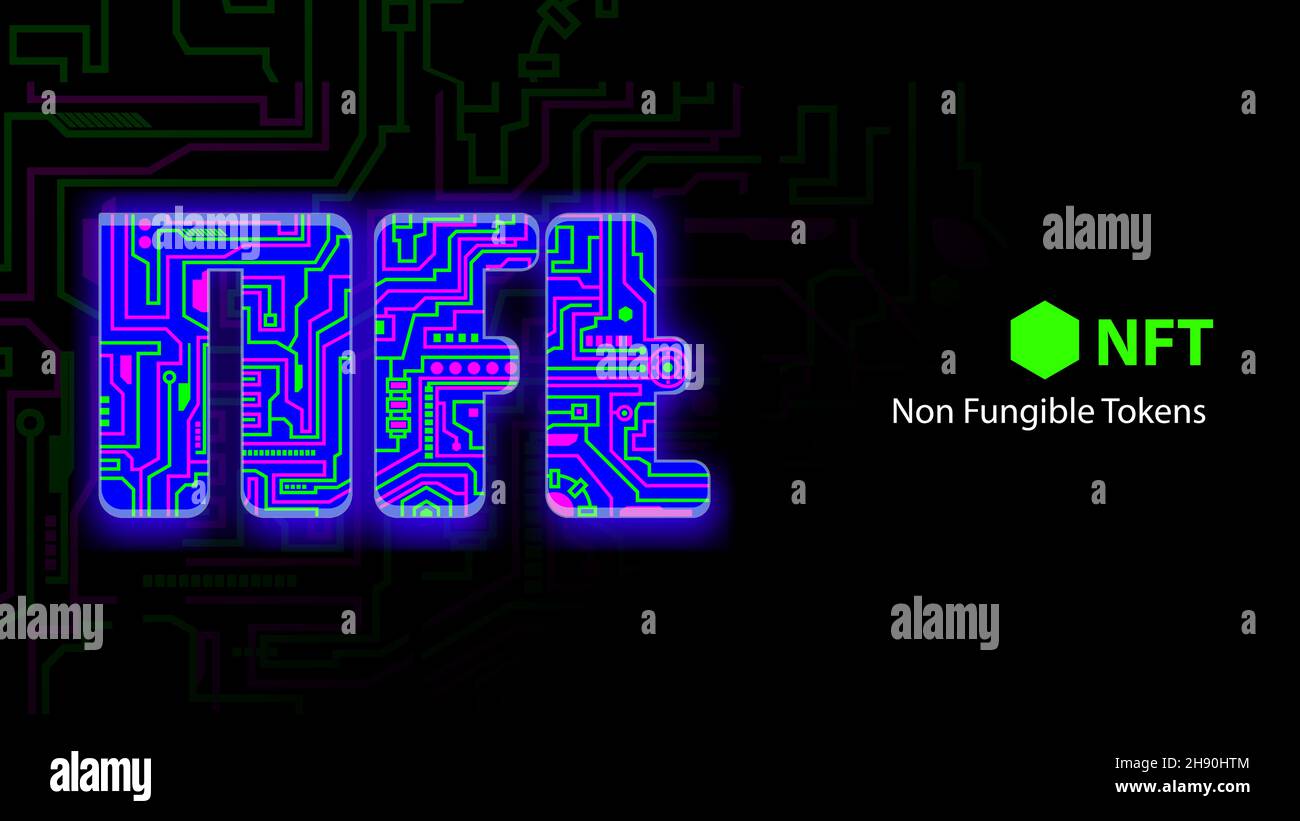 Token non fungibili NFT Digital ART su illustrazione vettoriale nera Illustrazione Vettoriale