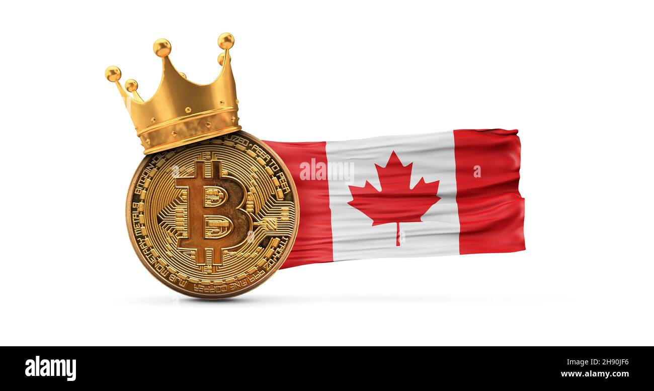 Bitcoin con corona d'oro e bandiera del Canada. Concetto di re di criptovaluta. Rendering 3D Foto Stock