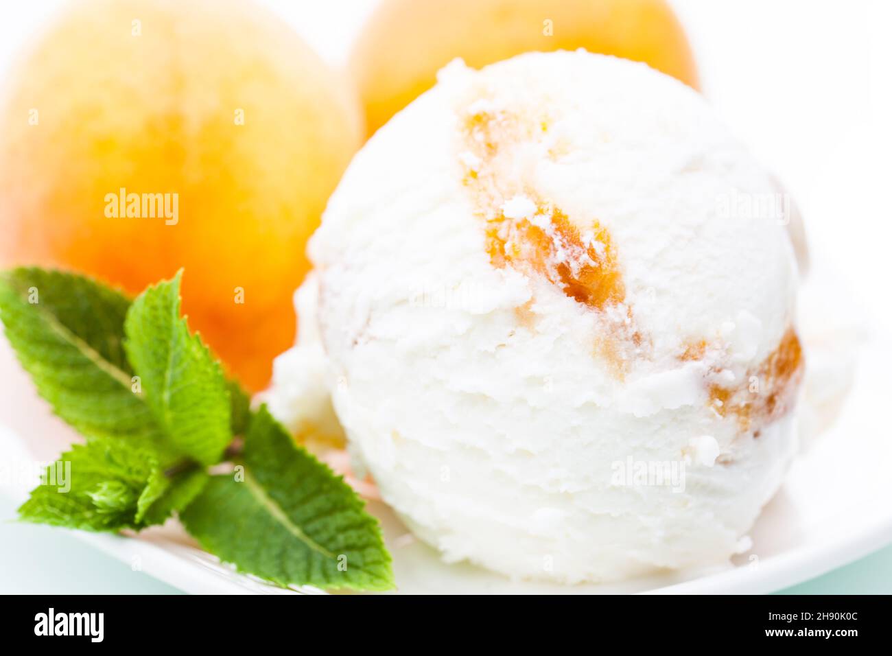 Yogurt - gelato all'albicocca con foglie di albicocca e menta Foto Stock