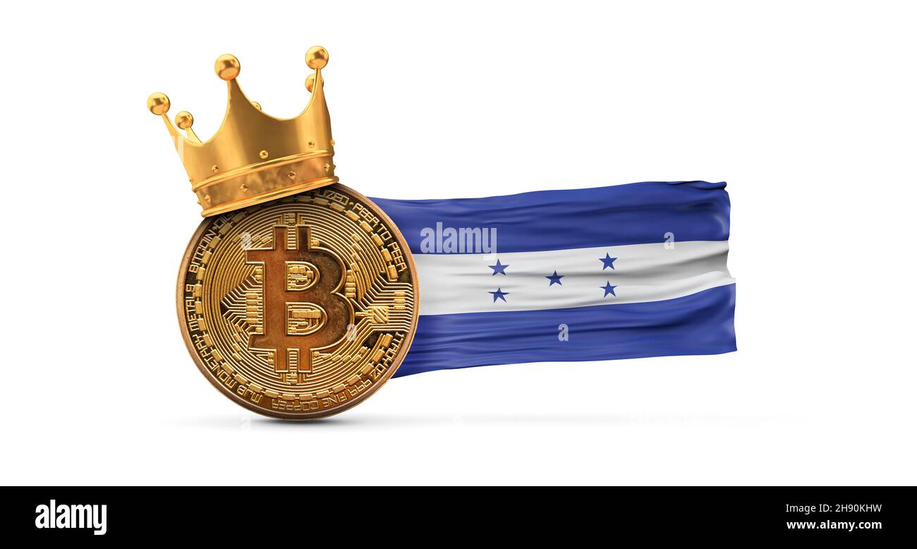 Bitcoin con corona d'oro e bandiera dell'Honduras. Concetto di re di criptovaluta. Rendering 3D Foto Stock