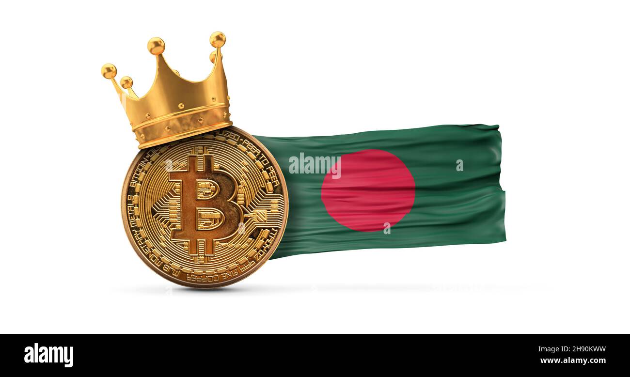 Bitcoin con corona d'oro e bandiera del Bangladesh. Concetto di re di criptovaluta. Rendering 3D Foto Stock
