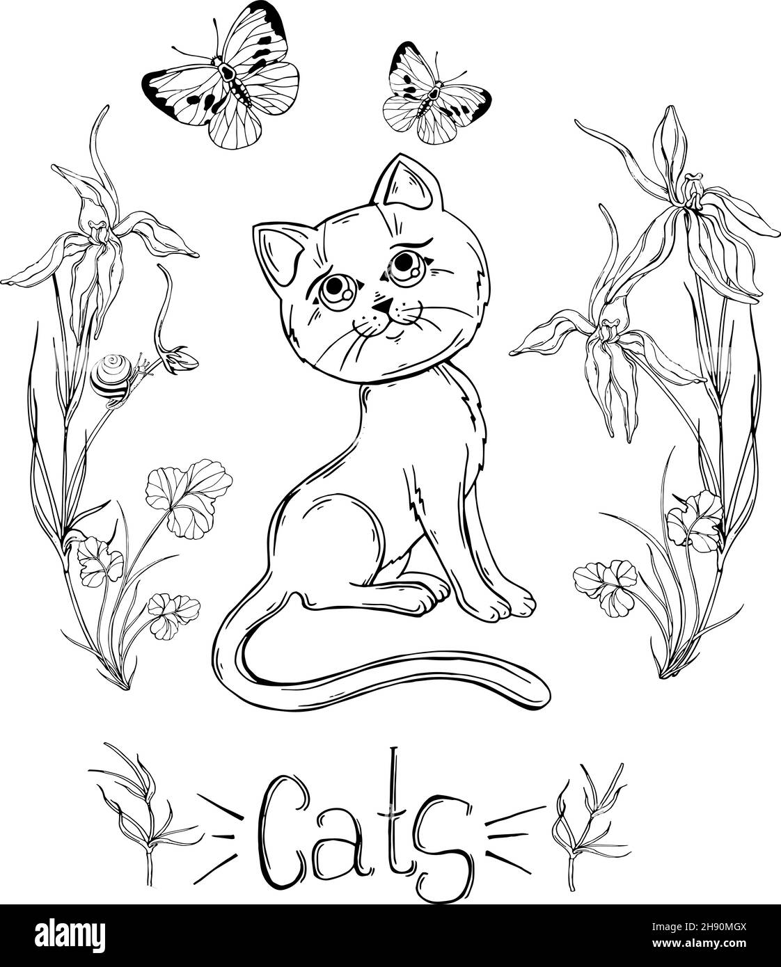 gatto grafico con fiori selvatici con insetti Illustrazione Vettoriale