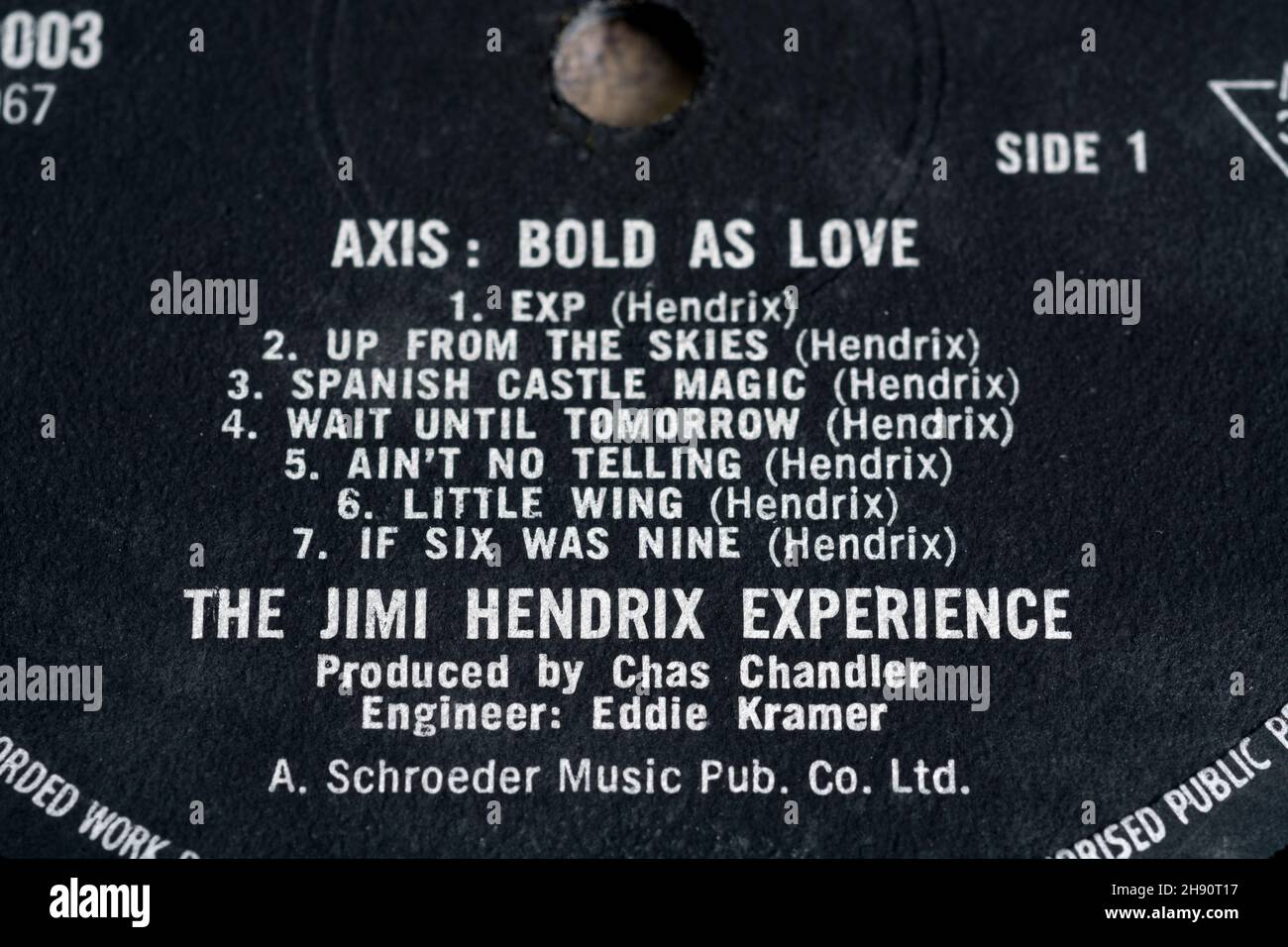 L'esperienza Jimi Hendrix. Axis: Bold as Love, album in vinile sull'etichetta della traccia. Foto Stock