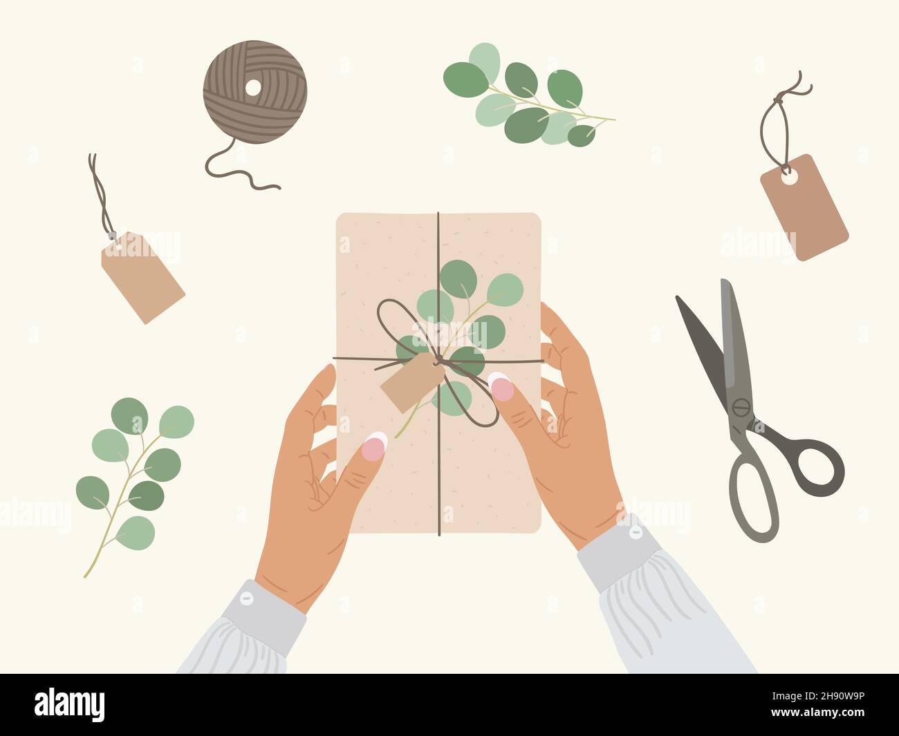 Le mani femmina marroni tengono la scatola del regalo avvolta in carta di kraft. Vista dall'alto imballaggio ecologico, eucalipto, forbici, tag. Preparazione di Natale e Capodanno ecologico Illustrazione Vettoriale