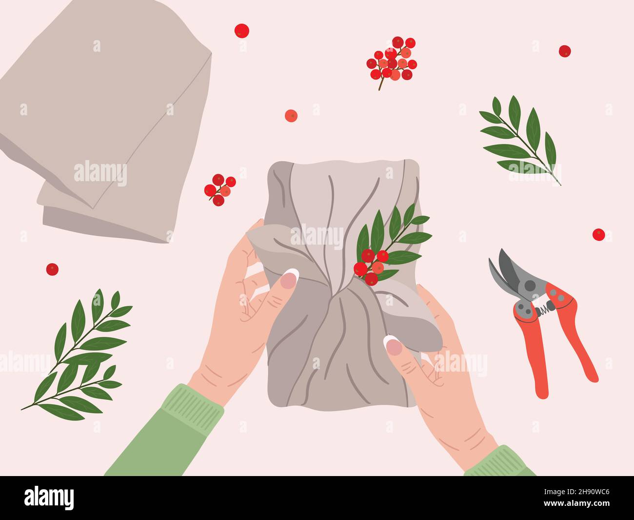 Le mani bianche femminili tengono il regalo furoshiki. Vista dall'alto imballaggio ecologico, bacca di agrifoglio, foglie di alloro, secateurs. Preparazione di Natale e Capodanno ecologico. H Illustrazione Vettoriale