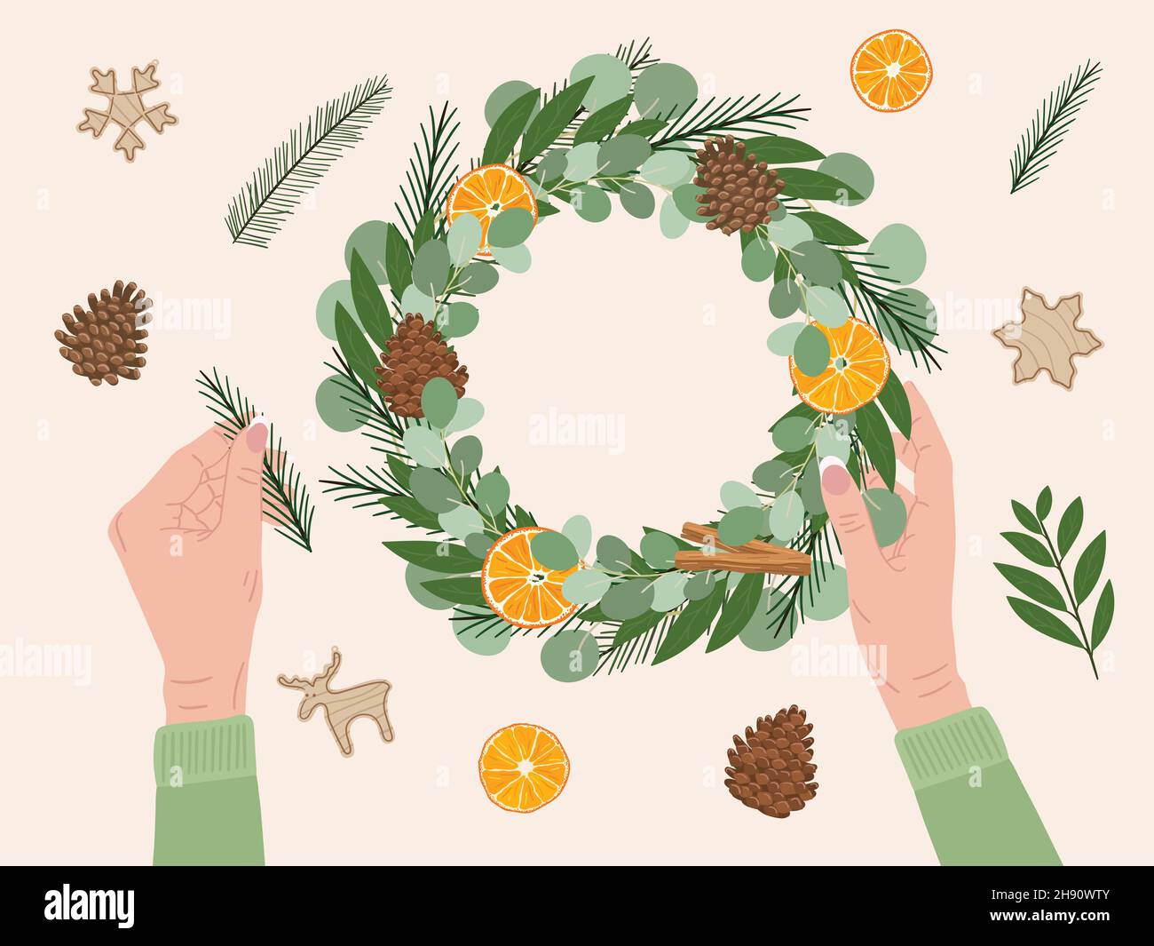 Le mani bianche femminili tengono e fanno la corona di Natale con materiali eco-compatibili. Abete, cono di pino, cannella, arancio secco, baia, giocattoli in legno. Eco Natale con Illustrazione Vettoriale