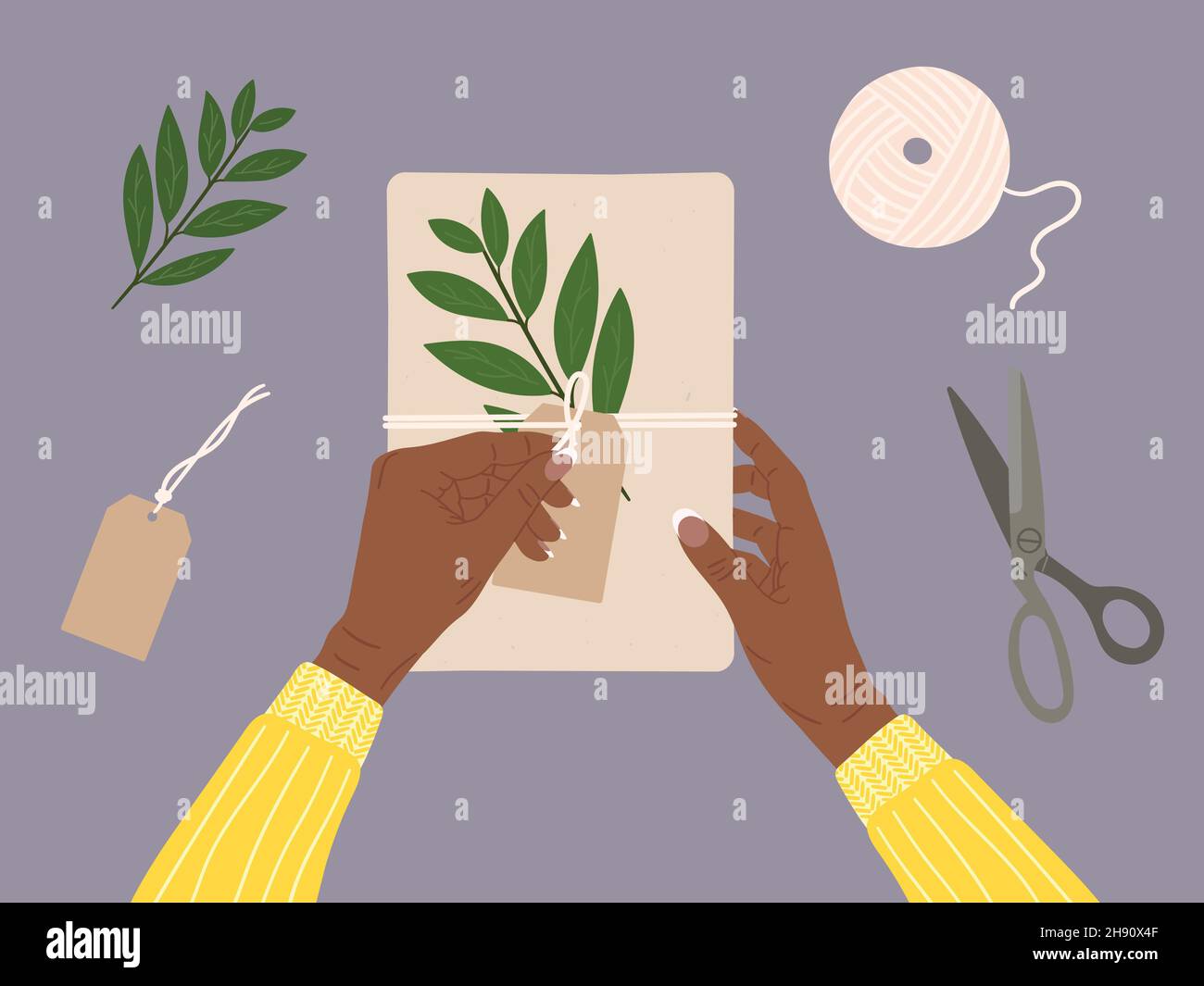 Le mani nere femminili aprono la scatola del regalo avvolta nella carta del kraft e nel nastro di spago. Vista dall'alto imballaggio ecologico, foglie di alloro, forbici, tag. Eco Natale Illustrazione Vettoriale