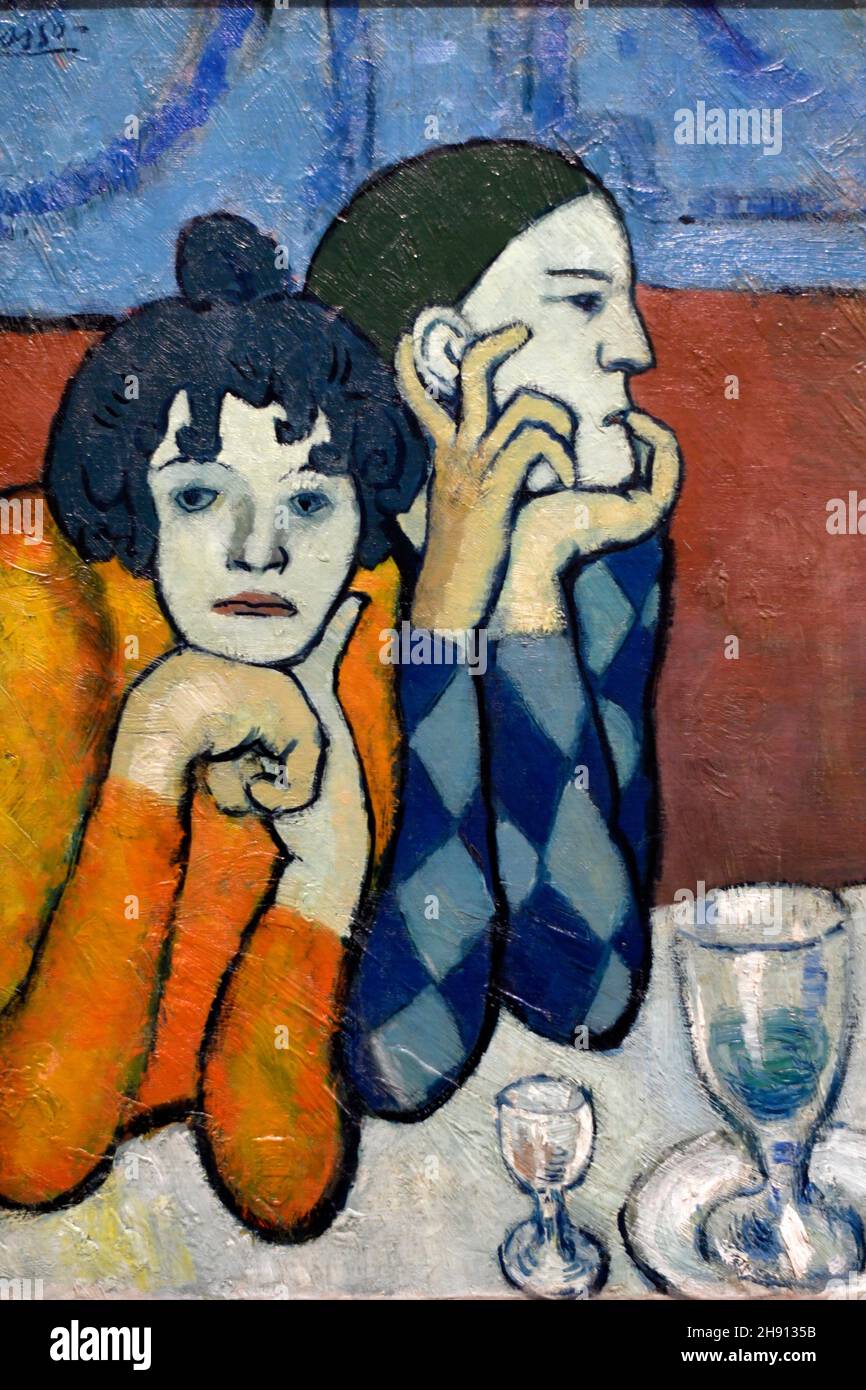 Harlequin e il suo compagno, Parigi, 1901, olio su tela, Pablo Picasso, Museo Pougkine, Mosca, in mostra presso la mostra icone di Arte moderna Foto Stock