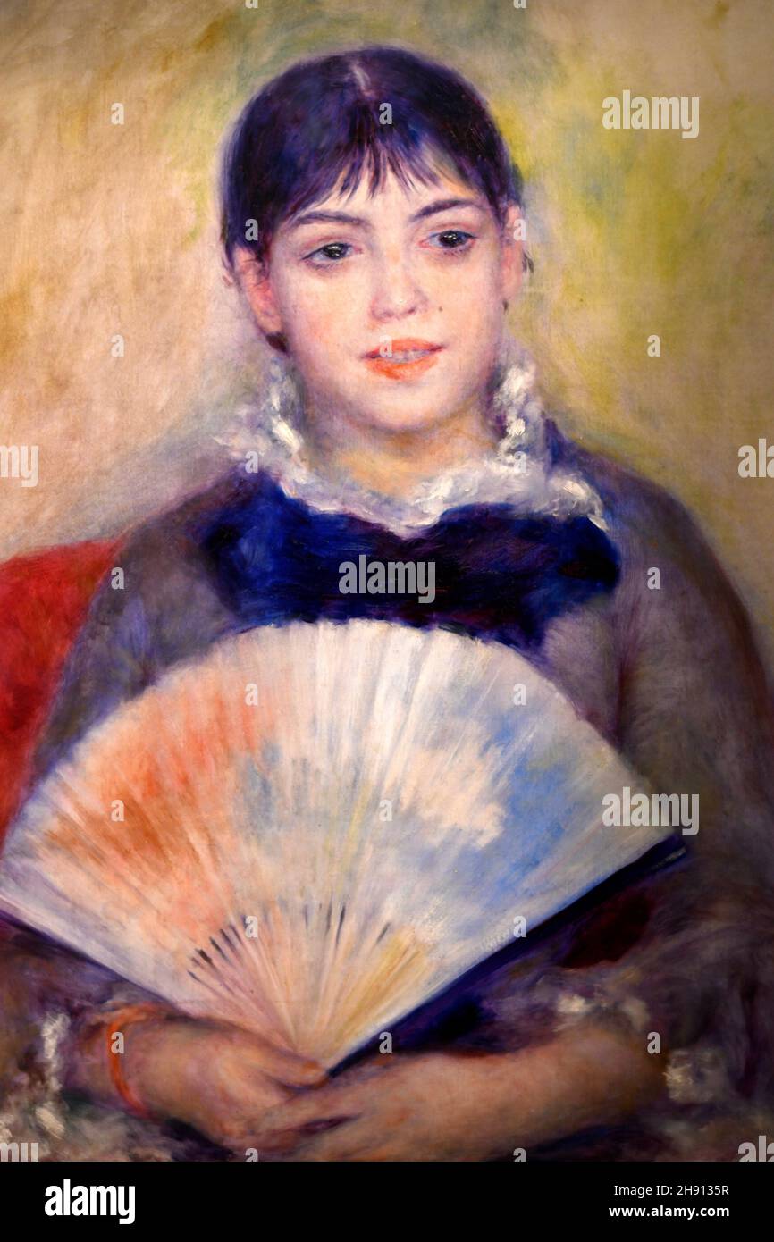 Giovane donna con un fan, 1880, Parigi, olio su tela, Pierre Auguste Renoir, museo Ermitage, San Pietroburgo, Russia, in mostra icone Foto Stock