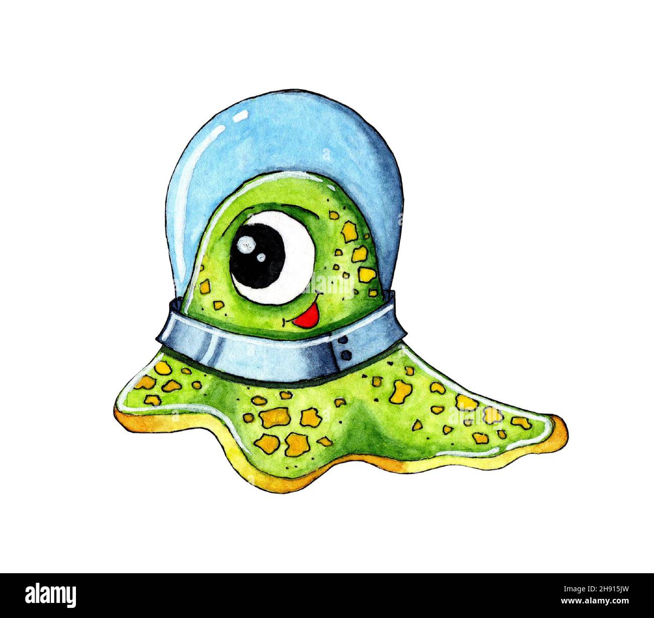 Acquerello illustrazione di un piccolo verde carino shapeless alieno in uno spazio. Immagine infantile di un alieno felice con un occhio grande e macchie gialle. È Foto Stock