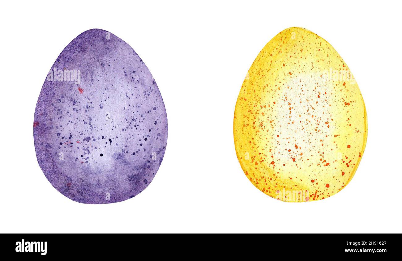 Acquerello set di illustrazione di uova di Pasqua giallo e viola macchiati. Felice modello pasquale per design isolato su sfondo bianco. Disegnato a mano. Foto Stock