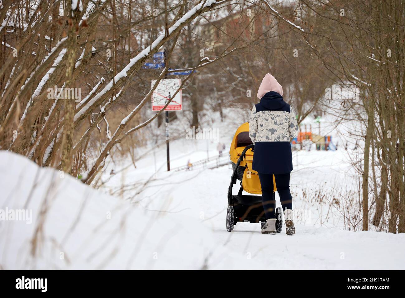 Donna con un bambino passeggino nel parco invernale. Tempo di neve, concetto di maternità, mamma singola con pam Foto Stock