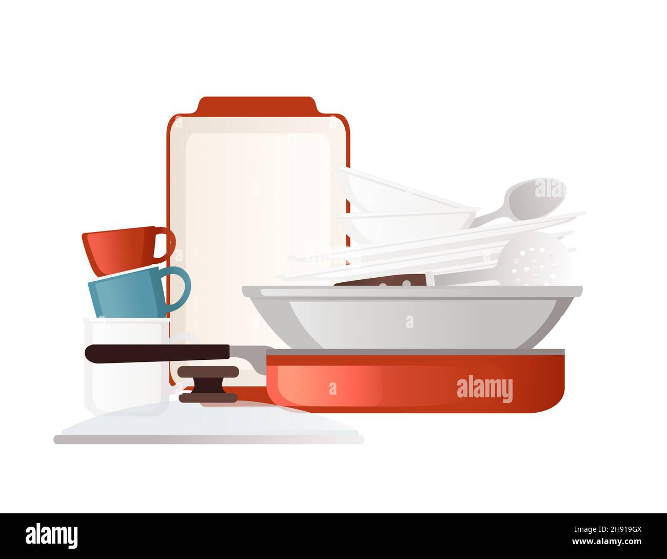 Pulire la pila di stoviglie e utensili da cucina immagine vettoriale su sfondo bianco Illustrazione Vettoriale